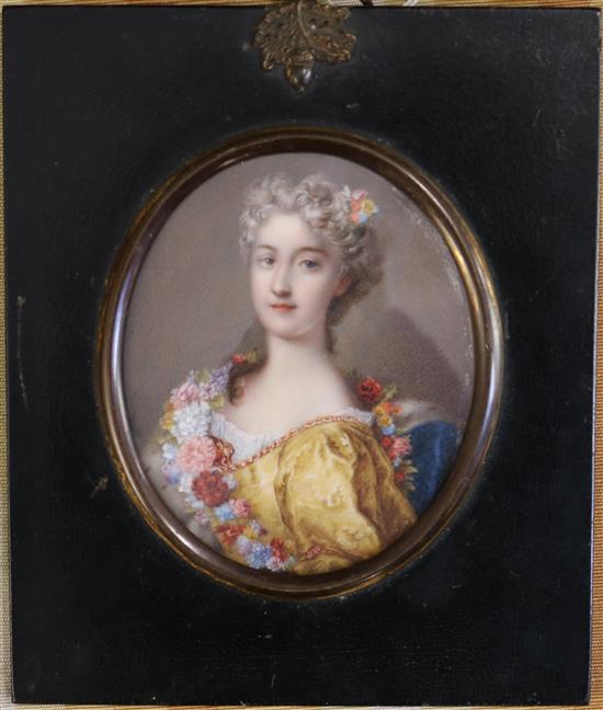 French School c.1900 Miniature of an 18th century lady with flowers on her dress 3.25 x 2.75in.